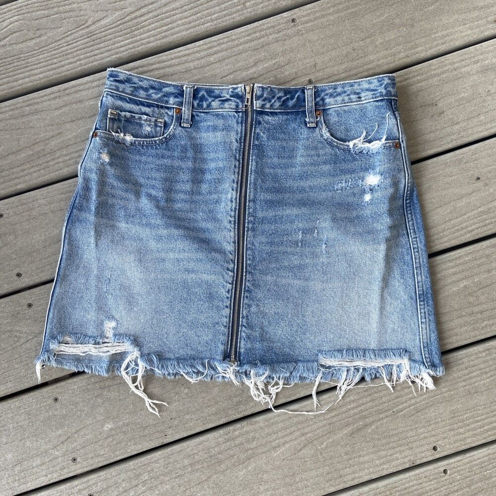Abercrombie & Fitch A Line Distressed Denim Full Front Zipper Y2K Skirt Size 14